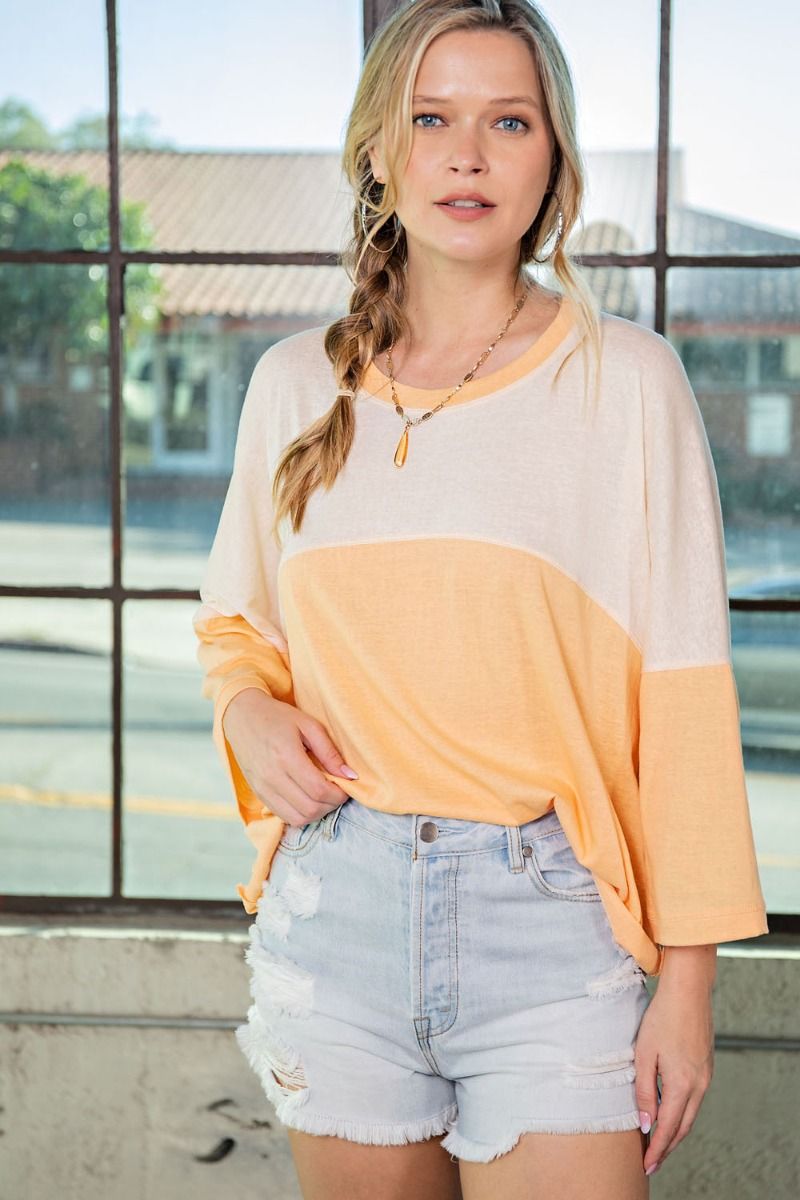 Easel Color Blocked Rounded Neck Cotton Slub Color Block Top - Roulhac Fashion Boutique