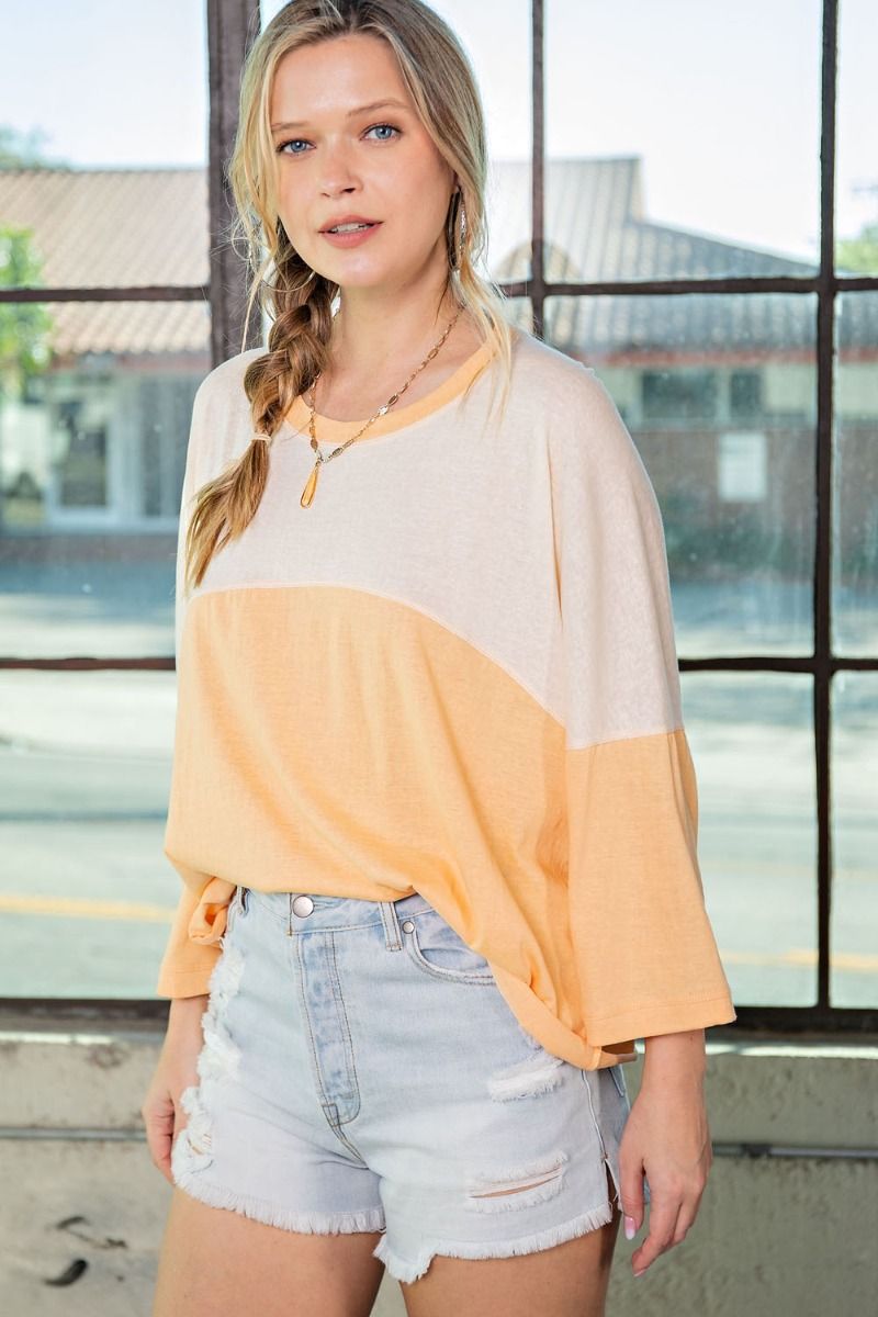 Easel Color Blocked Rounded Neck Cotton Slub Color Block Top - Roulhac Fashion Boutique