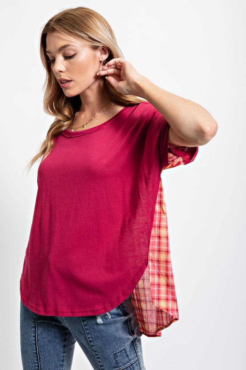 Easel Classic Rounded Neck Curved Hem Short Sleeve Boxy Loose Fit Top - Roulhac Fashion Boutique