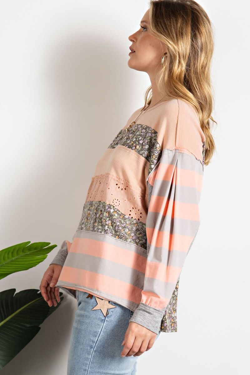 Easel Floral Print Cotton Jersey Boat Neckline Loose Fit Slouchy Top - Roulhac Fashion Boutique