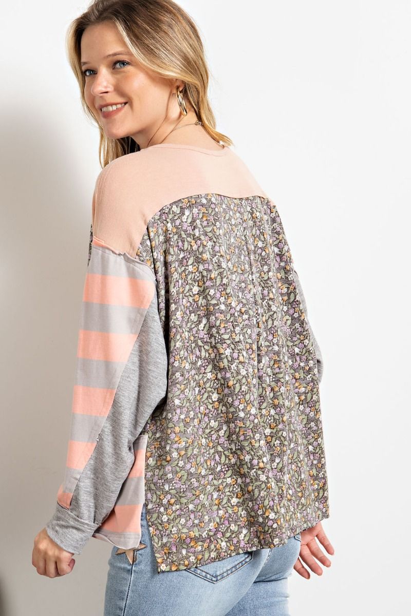 Easel Floral Print Cotton Jersey Boat Neckline Loose Fit Slouchy Top - Roulhac Fashion Boutique