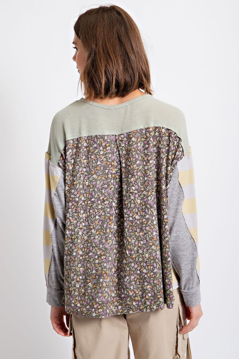 Easel Floral Print Cotton Jersey Boat Neckline Loose Fit Slouchy Top - Roulhac Fashion Boutique