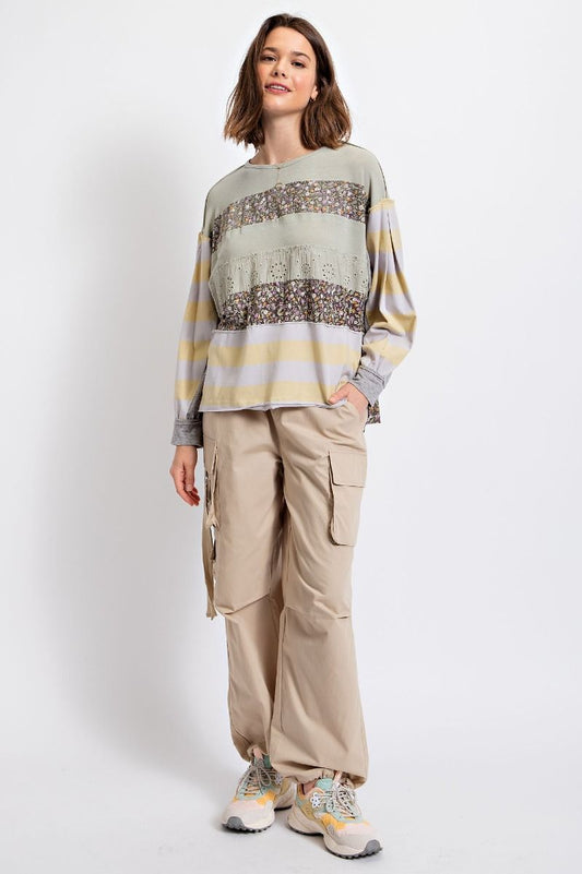 Easel Floral Print Cotton Jersey Boat Neckline Loose Fit Slouchy Top - Roulhac Fashion Boutique