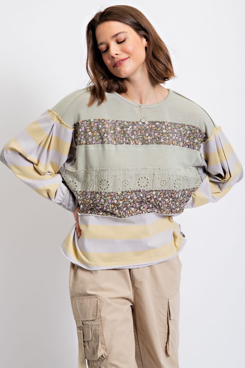 Easel Floral Print Cotton Jersey Boat Neckline Loose Fit Slouchy Top - Roulhac Fashion Boutique