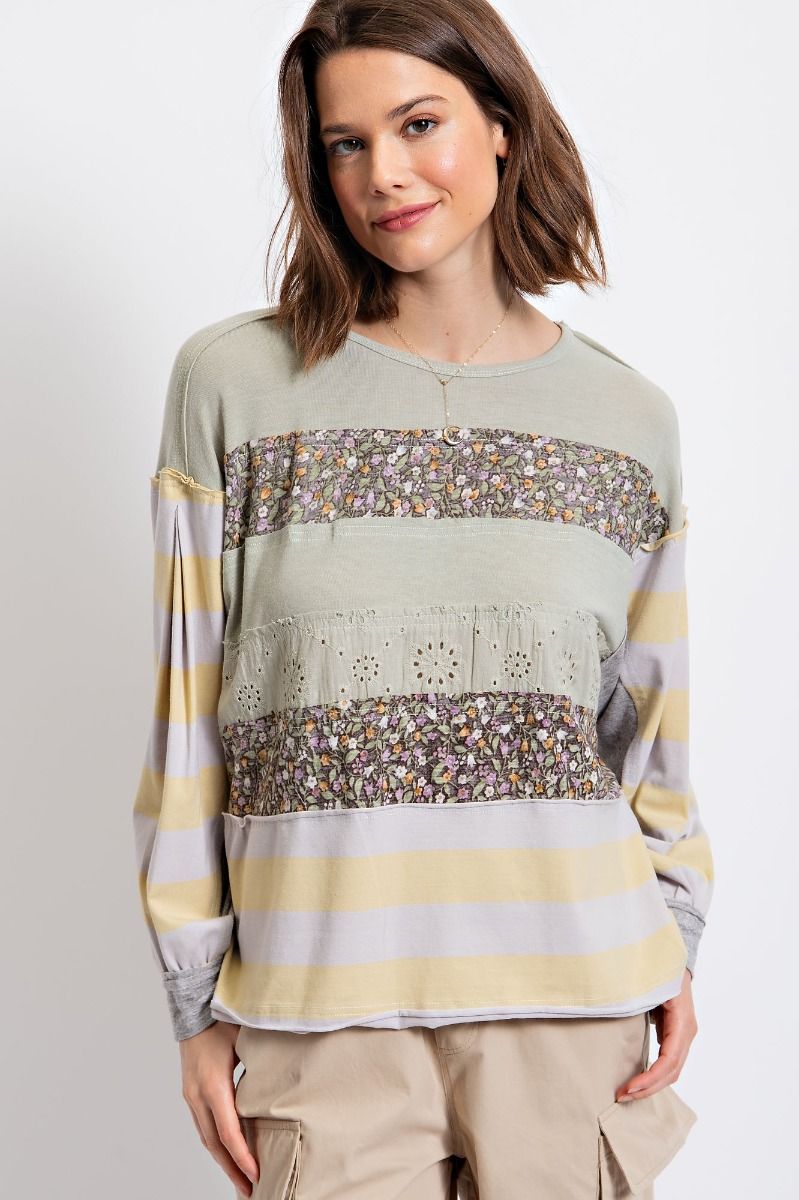 Easel Floral Print Cotton Jersey Boat Neckline Loose Fit Slouchy Top - Roulhac Fashion Boutique