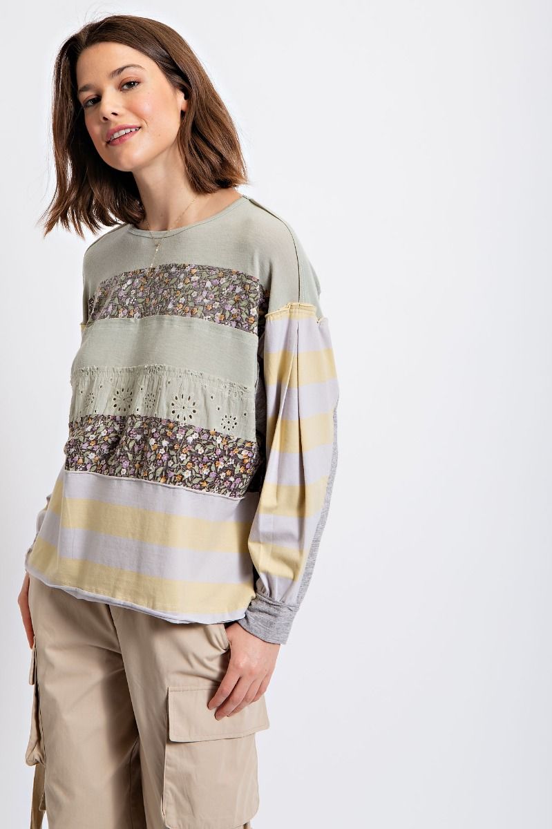 Easel Floral Print Cotton Jersey Boat Neckline Loose Fit Slouchy Top - Roulhac Fashion Boutique