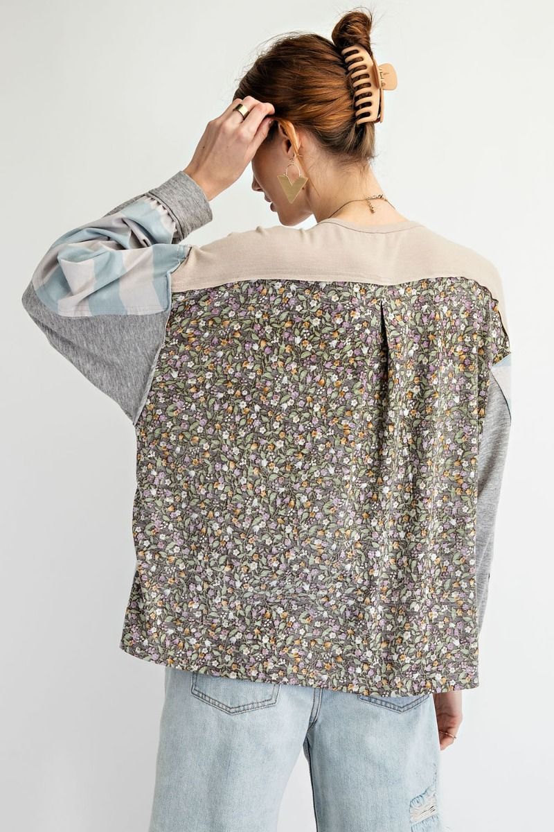 Easel Floral Print Cotton Jersey Boat Neckline Loose Fit Slouchy Top