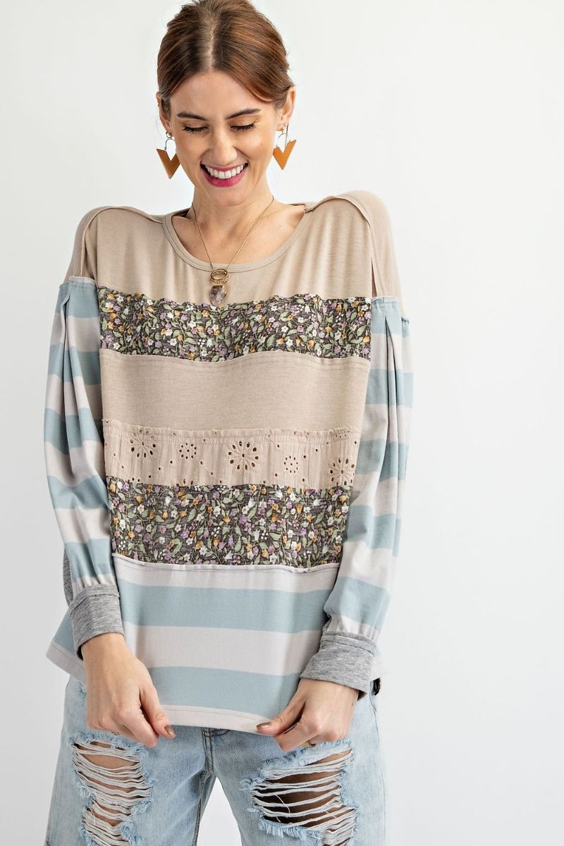 Easel Floral Print Cotton Jersey Boat Neckline Loose Fit Slouchy Top