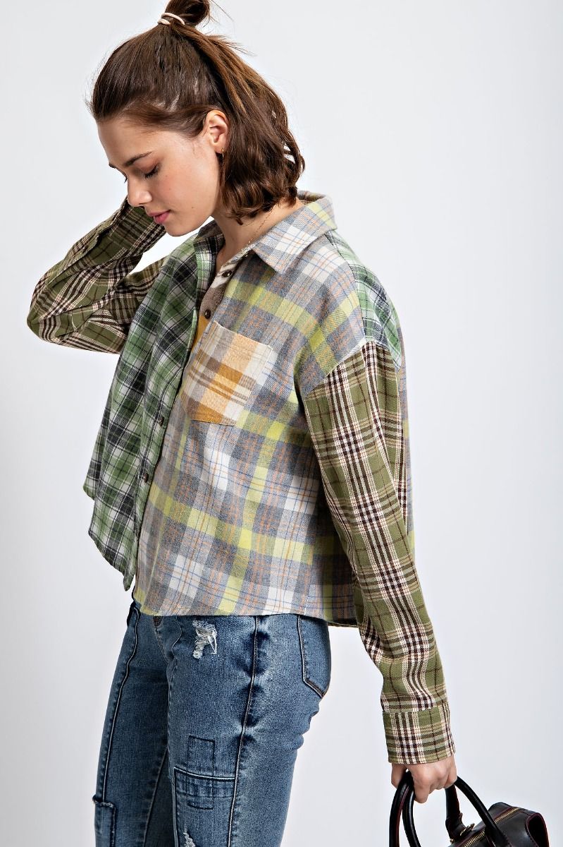 Easel Blue Plaid Mix N Match Gingham Printed Button Down Loose Fit Shirt - Roulhac Fashion Boutique