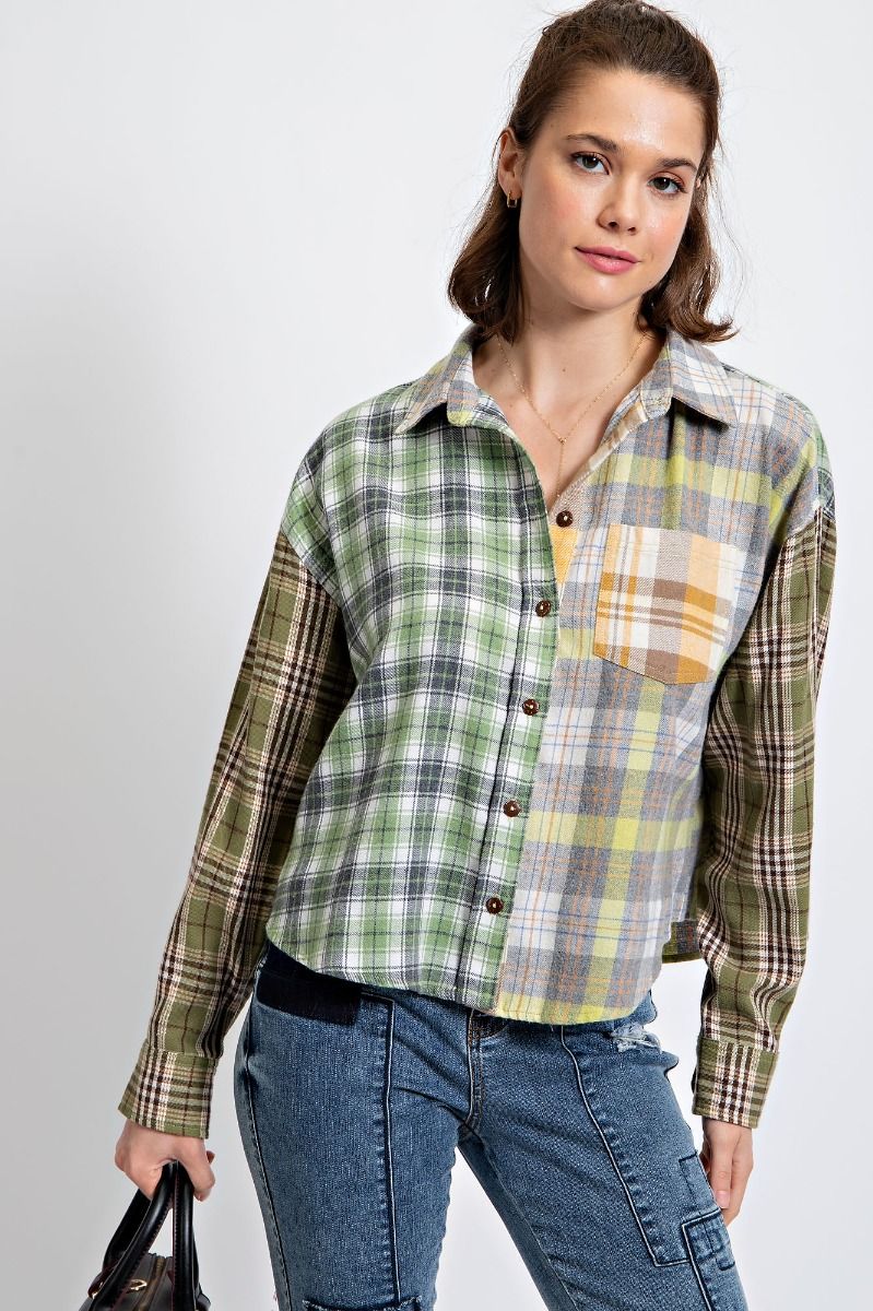 Easel Blue Plaid Mix N Match Gingham Printed Button Down Loose Fit Shirt - Roulhac Fashion Boutique