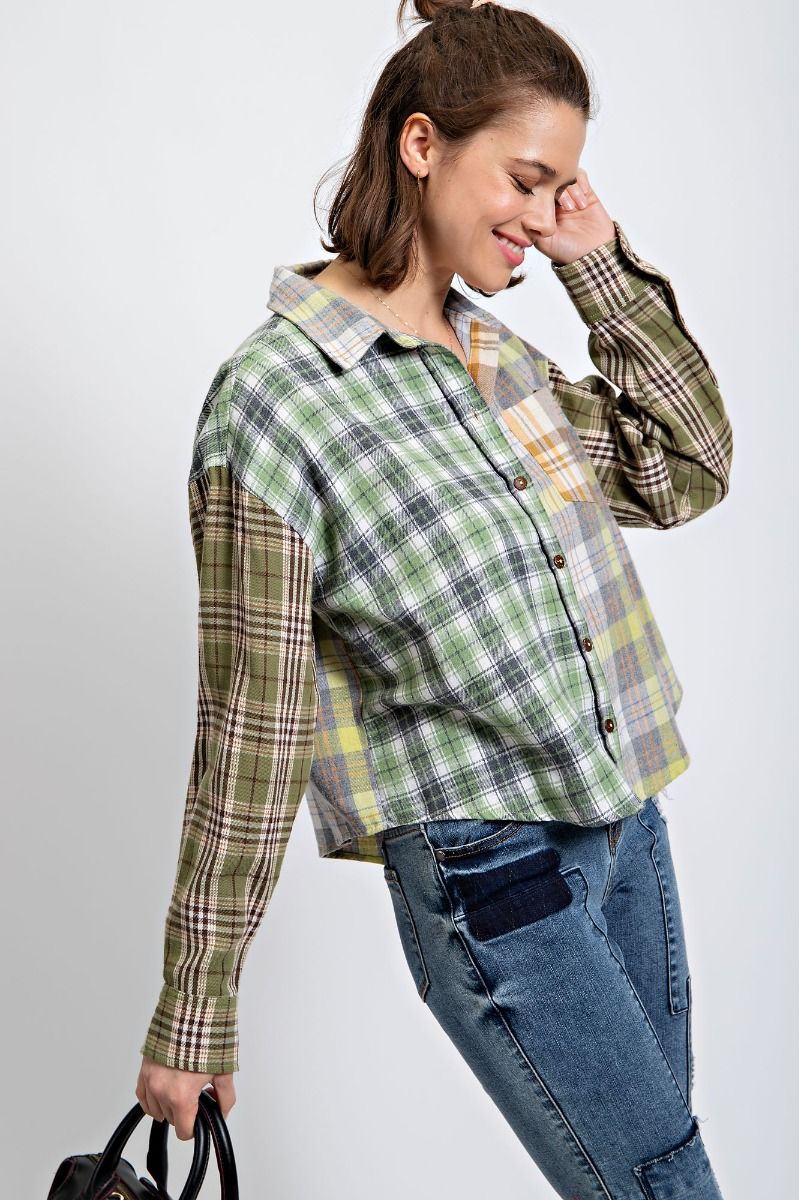 Easel Blue Plaid Mix N Match Gingham Printed Button Down Loose Fit Shirt - Roulhac Fashion Boutique