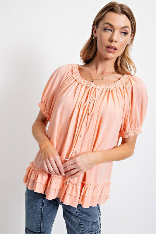 Easel Cotton Slub Button Down Boat Neck Drawstring Loose Fit Top - Roulhac Fashion Boutique