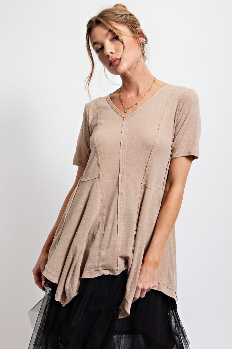 Easel Cotton Slub V Neck Slouchy Sharkbite Hem Pleated Tunic Top - Roulhac Fashion Boutique