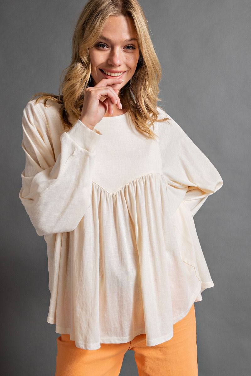 Easel Cotton Pleated Button Down Back Curved Bottom Hem Loose Fit Top - Roulhac Fashion Boutique