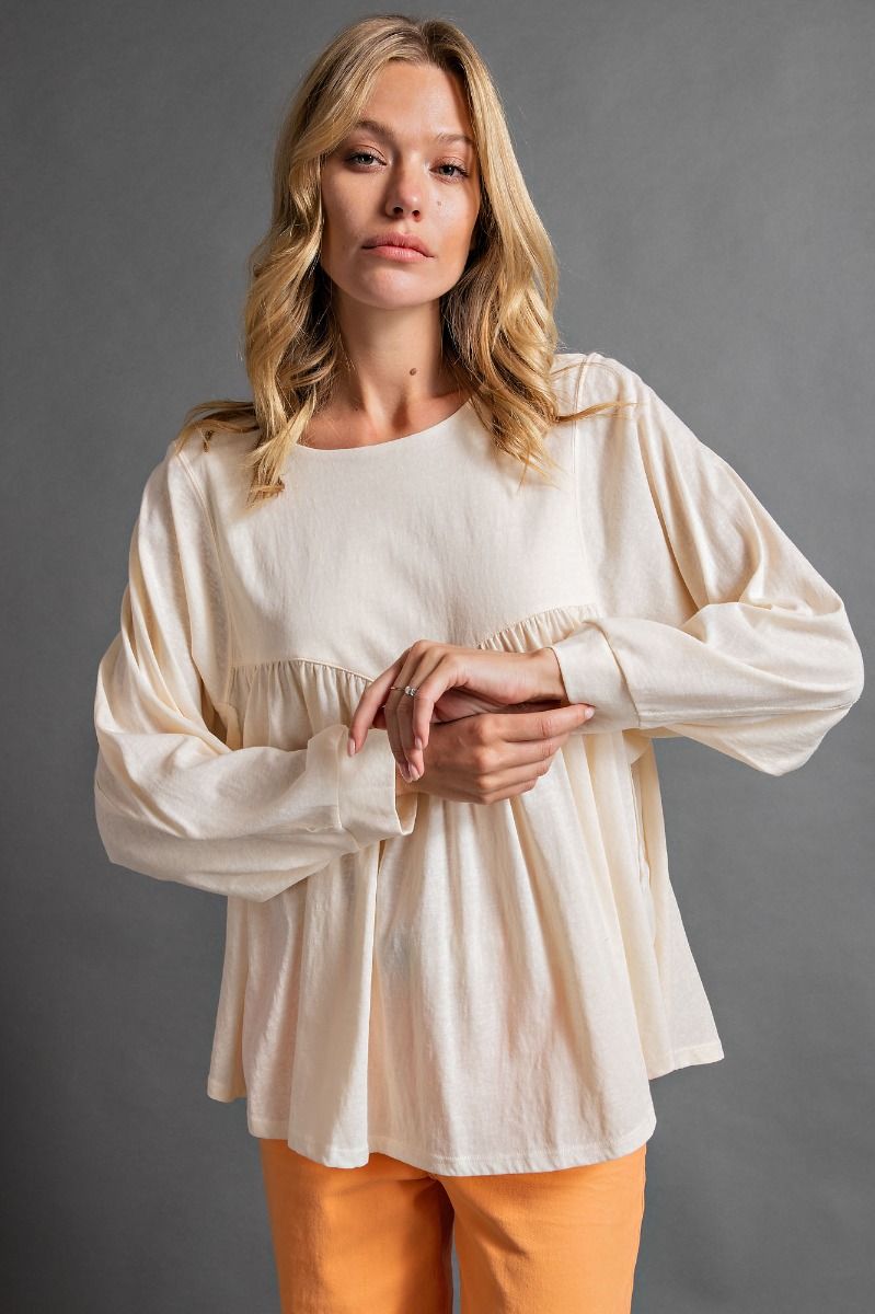 Easel Cotton Pleated Button Down Back Curved Bottom Hem Loose Fit Top - Roulhac Fashion Boutique