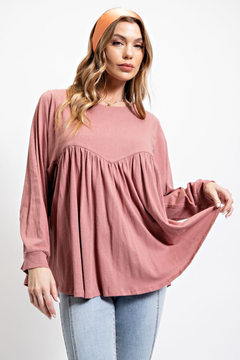 Easel Cotton Pleated Button Down Back Curved Bottom Hem Loose Fit Top - Roulhac Fashion Boutique