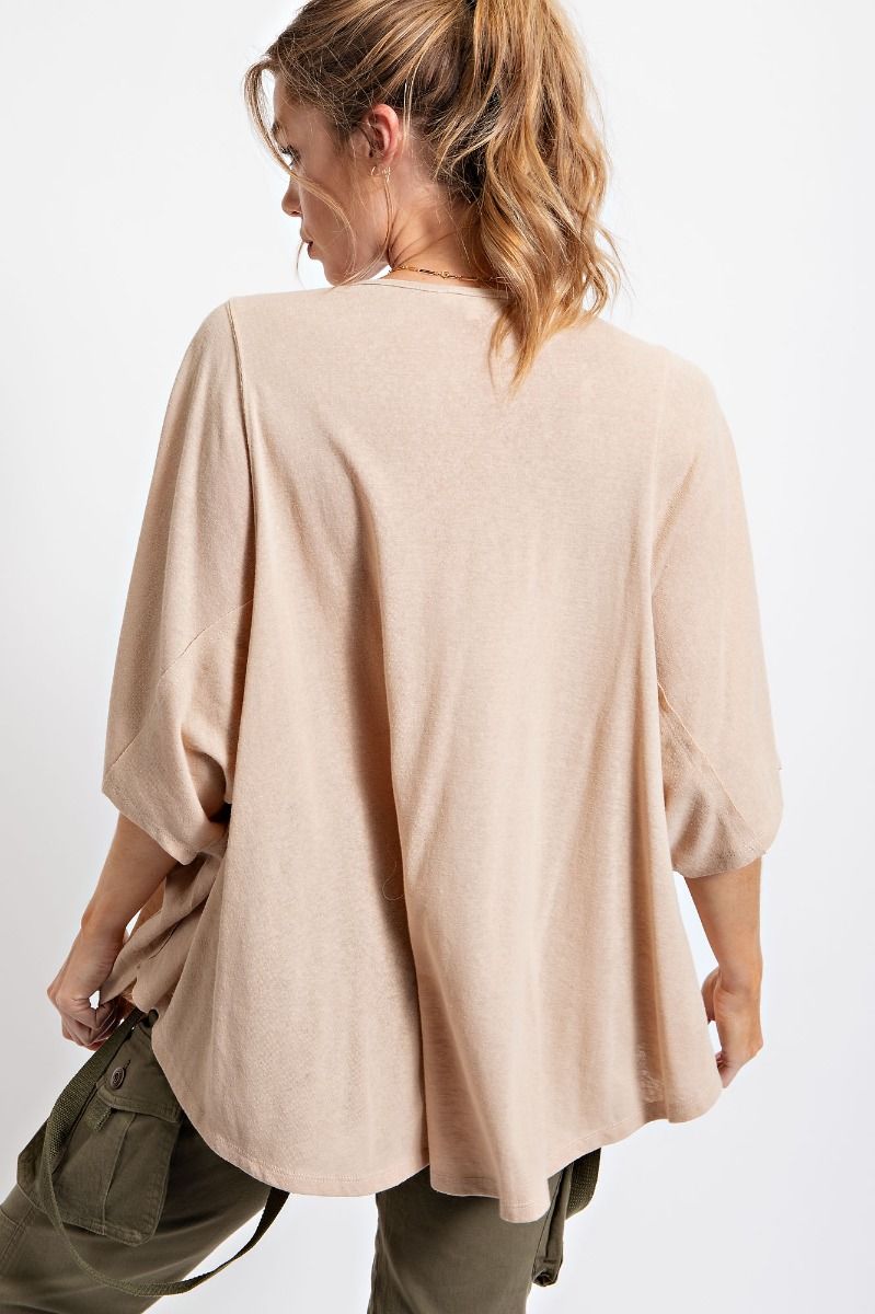 Easel Cotton Slub Loose Fit Round Neck Dolman Sleeves Babydoll Tunic - Roulhac Fashion Boutique