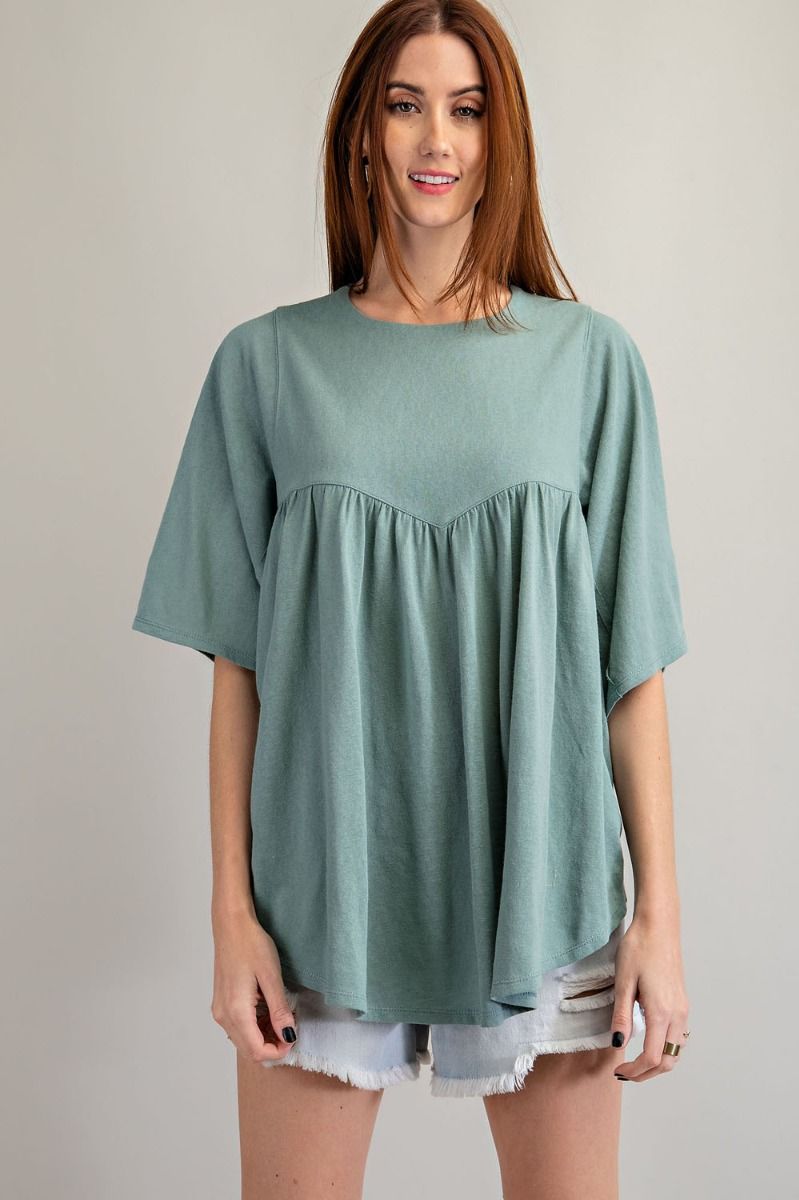 Easel Cotton Slub Loose Fit Round Neck Dolman Sleeves Babydoll Tunic - Roulhac Fashion Boutique