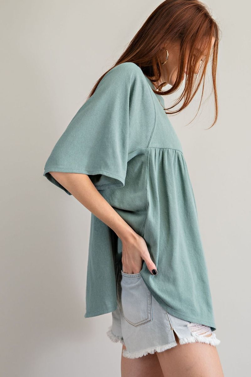 Easel Cotton Slub Loose Fit Round Neck Dolman Sleeves Babydoll Tunic - Roulhac Fashion Boutique