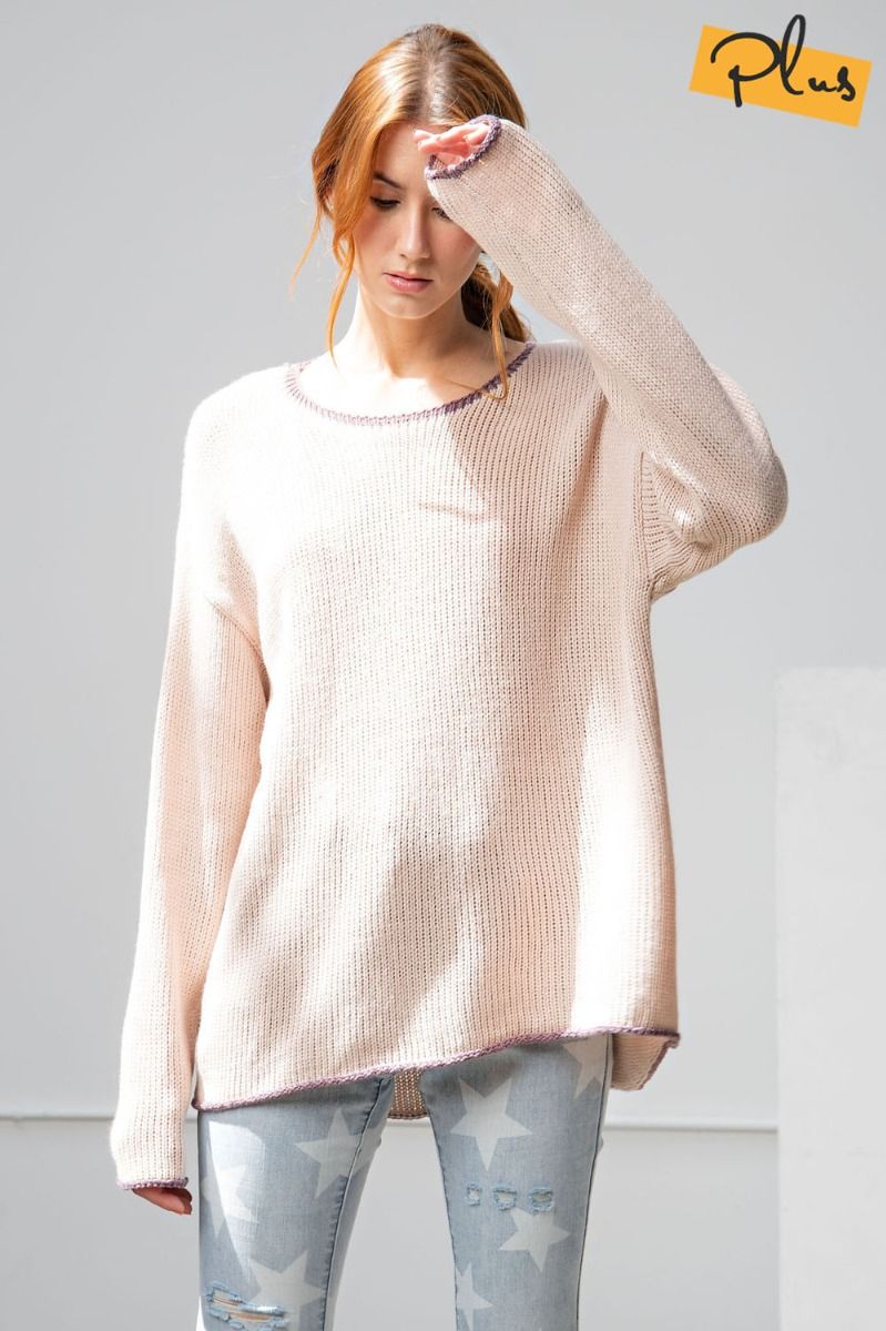 Easel Plus Pullover Loose Fit Rounded Neck Dropped Shoulders Sweater - Roulhac Fashion Boutique