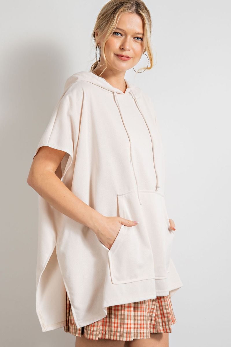 Easel Deep Side Slits Brushed Front Kangaroo Pocket Terry Pullover Hoodie - Roulhac Fashion Boutique