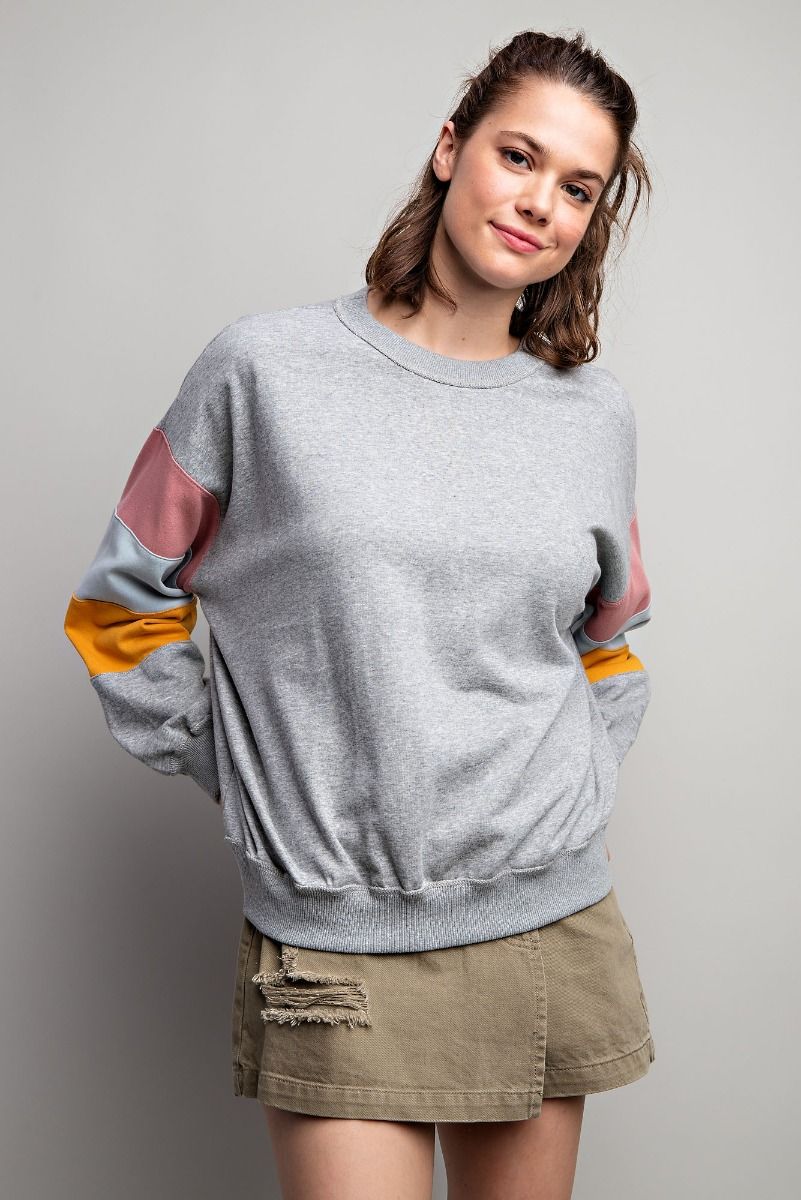 Easel Color Blocked Rounded Neck Terry Knit Loose Fit Pullover Top - Roulhac Fashion Boutique