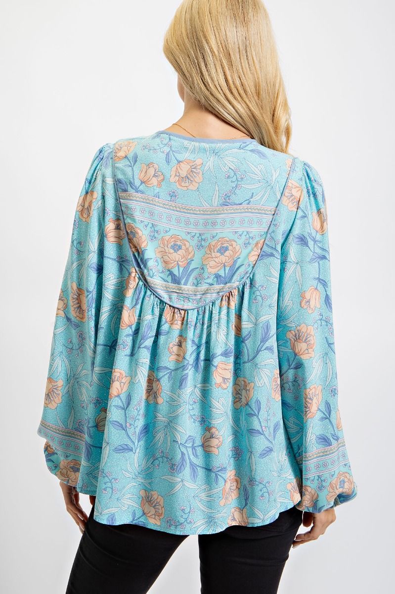 Easel Floral Print Lace Up Front Rounded Neck Bubble Sleeves Top - Roulhac Fashion Boutique