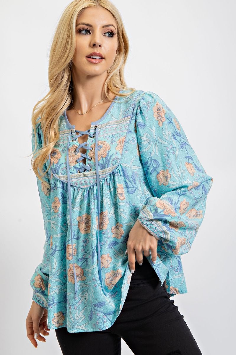 Easel Floral Print Lace Up Front Rounded Neck Bubble Sleeves Top - Roulhac Fashion Boutique