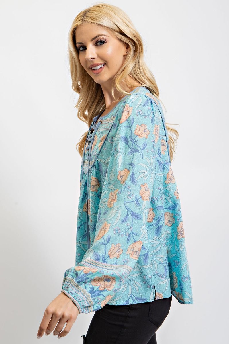 Easel Floral Print Lace Up Front Rounded Neck Bubble Sleeves Top - Roulhac Fashion Boutique