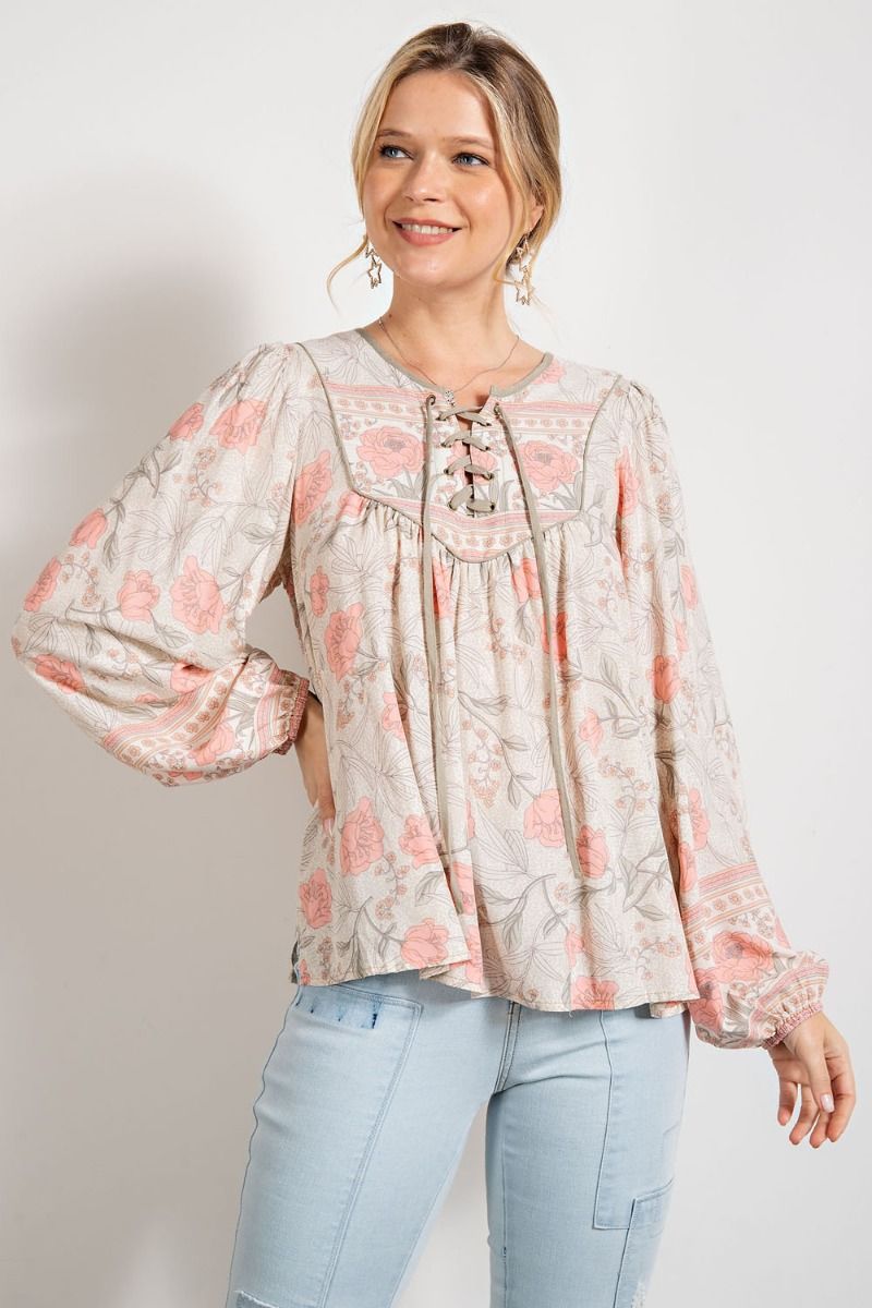 Easel Floral Print Lace Up Front Rounded Neck Bubble Sleeves Top - Roulhac Fashion Boutique