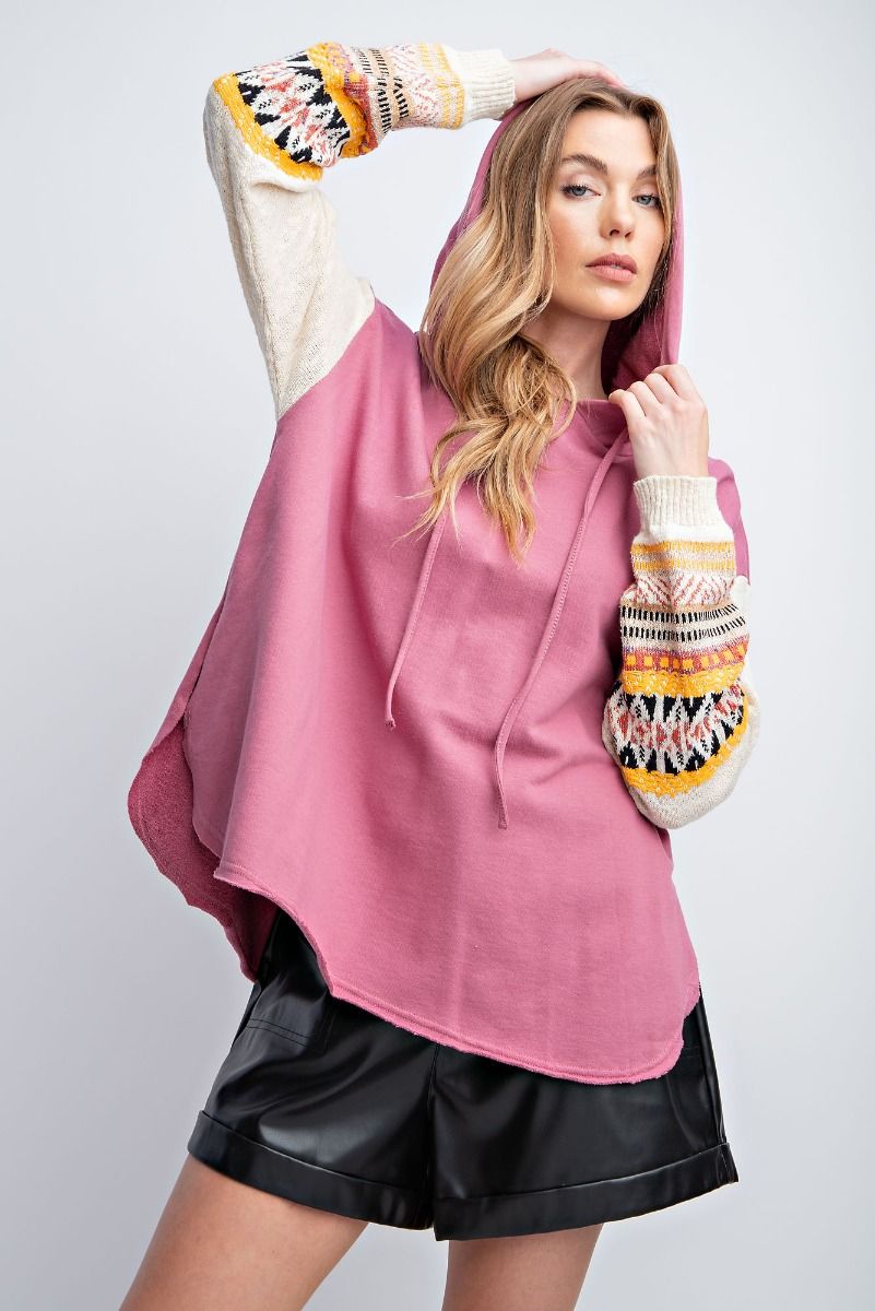 Easel Dropped Shoulders Boho Patterned Knit Loose Fit Pullover Hoodie - Roulhac Fashion Boutique