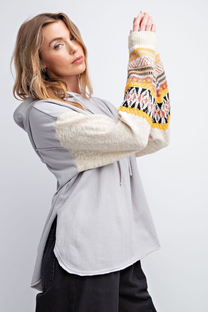 Easel Dropped Shoulders Boho Patterned Knit Loose Fit Pullover Hoodie - Roulhac Fashion Boutique