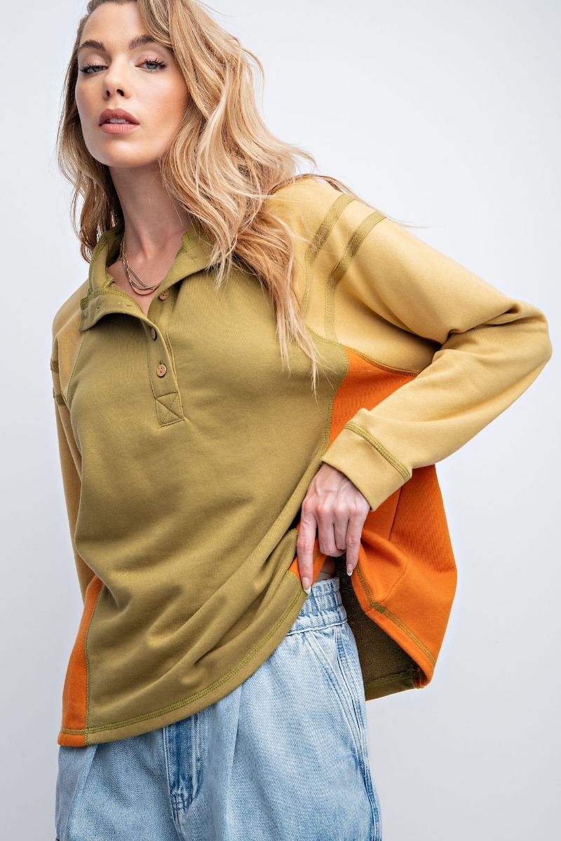 Easel Color Blocked Terry Knit Mock Neckline Button Closure Loose Fit Top - Roulhac Fashion Boutique
