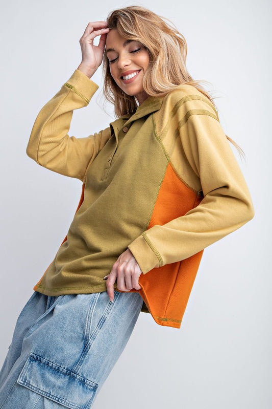 Easel Color Blocked Terry Knit Mock Neckline Button Closure Loose Fit Top - Roulhac Fashion Boutique