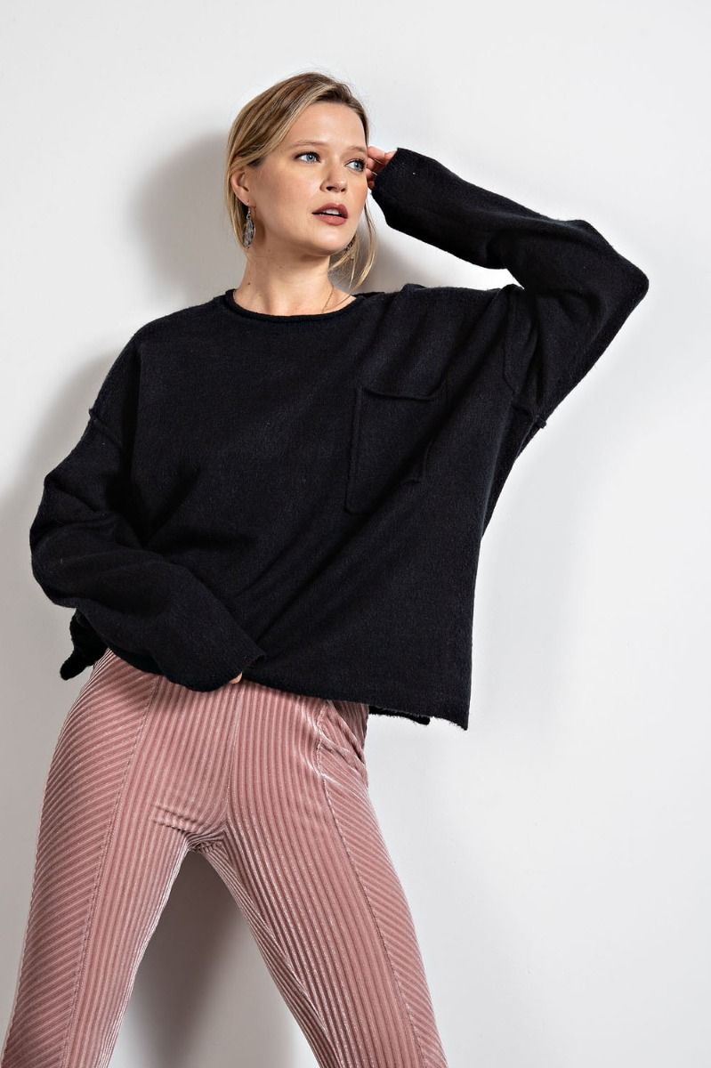 Easel Dropped Shoulders Brushed Knitted Rounded Neckline Oversized Sweater - Roulhac Fashion Boutique