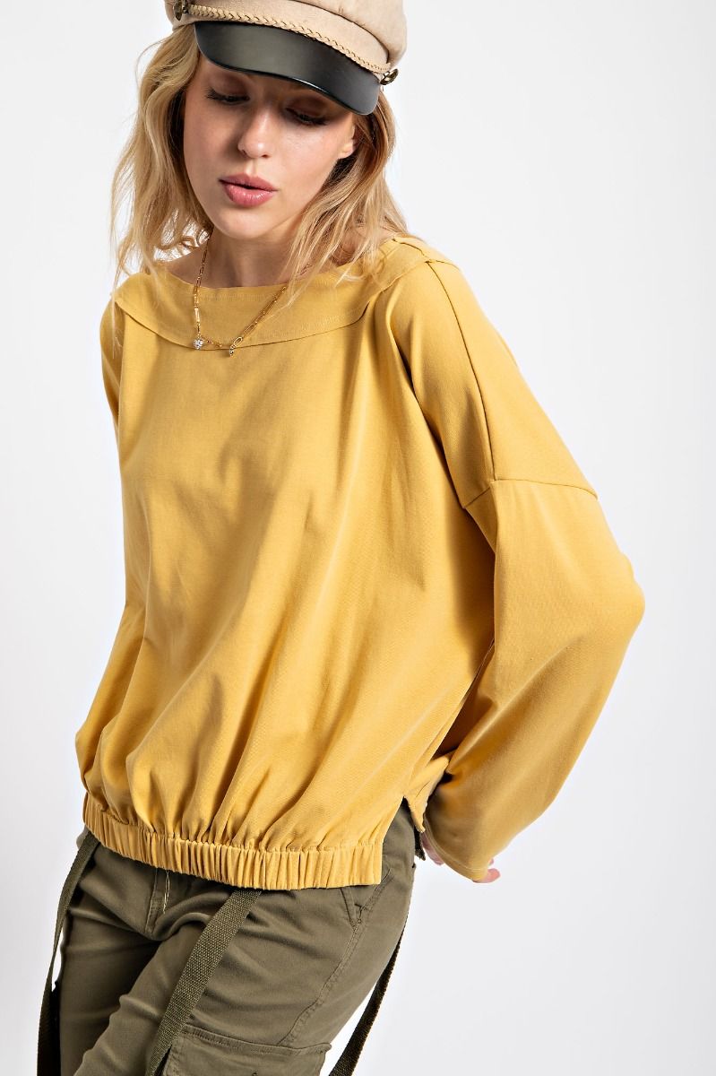 Easel Elastic Waistband Cotton Jersey Boat Neck Dropped Loose Fit Top - Roulhac Fashion Boutique