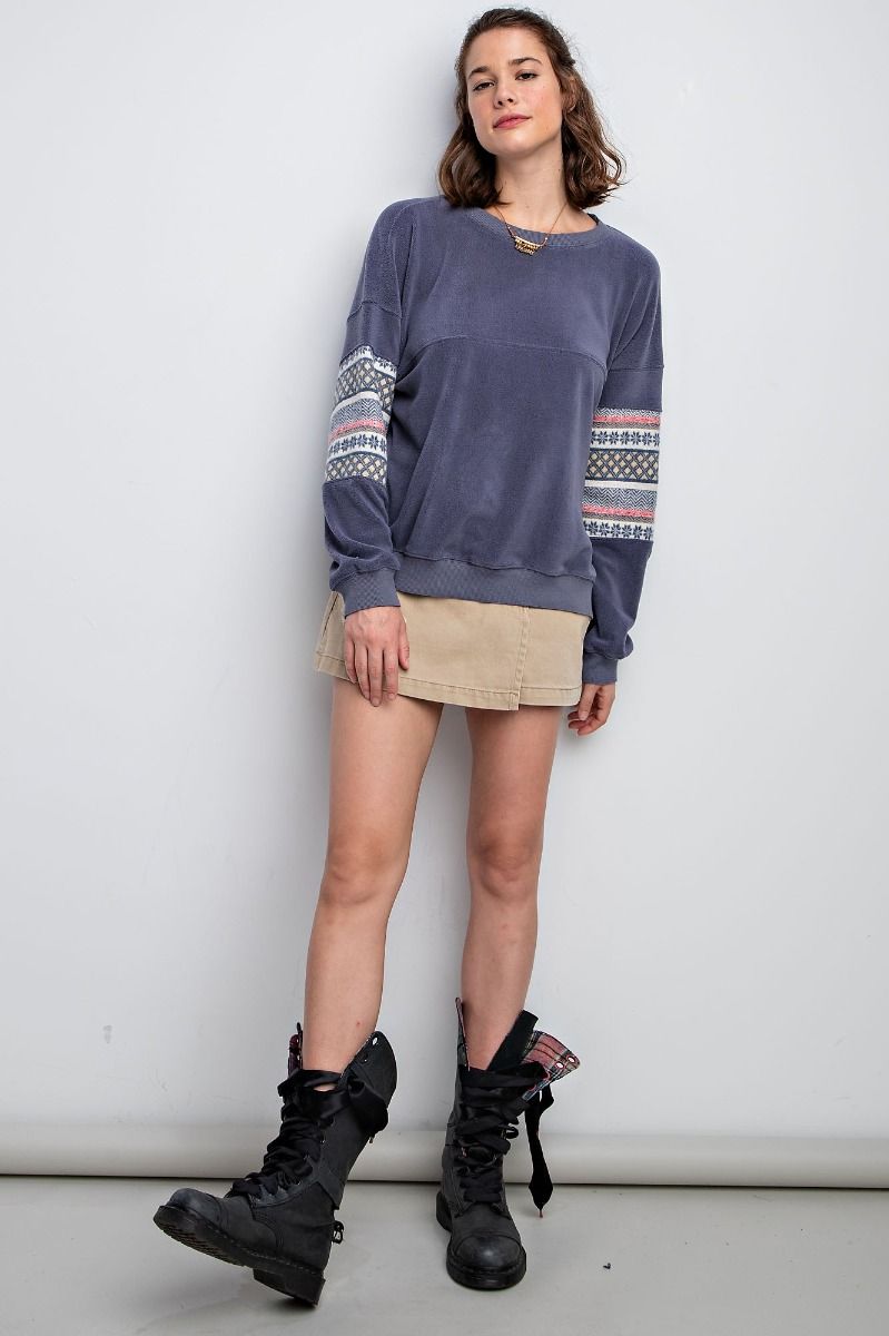 Easel Ethnic Pattern Banded Edges Loose Fit Fleece Pullover - Roulhac Fashion Boutique