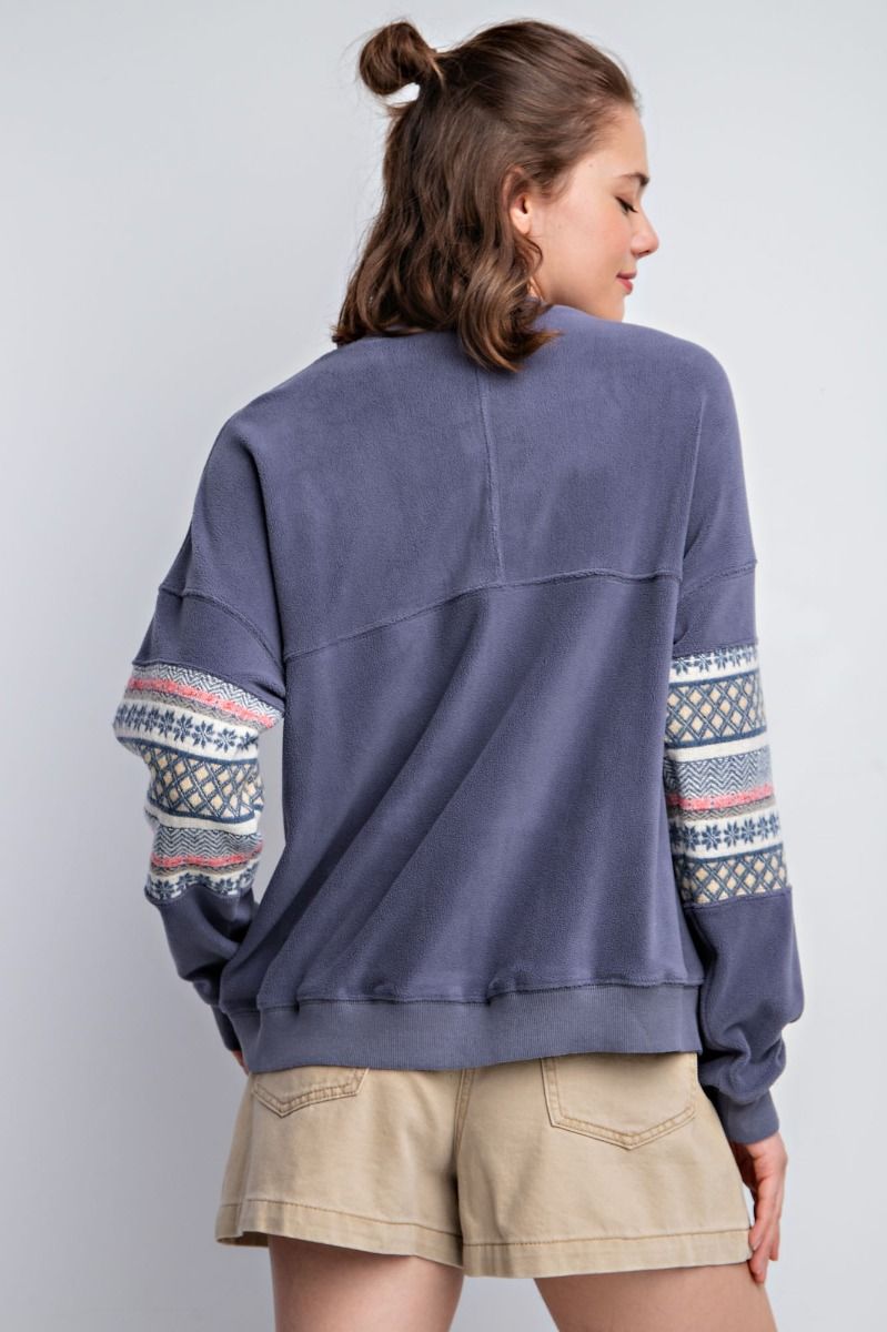 Easel Ethnic Pattern Banded Edges Loose Fit Fleece Pullover - Roulhac Fashion Boutique