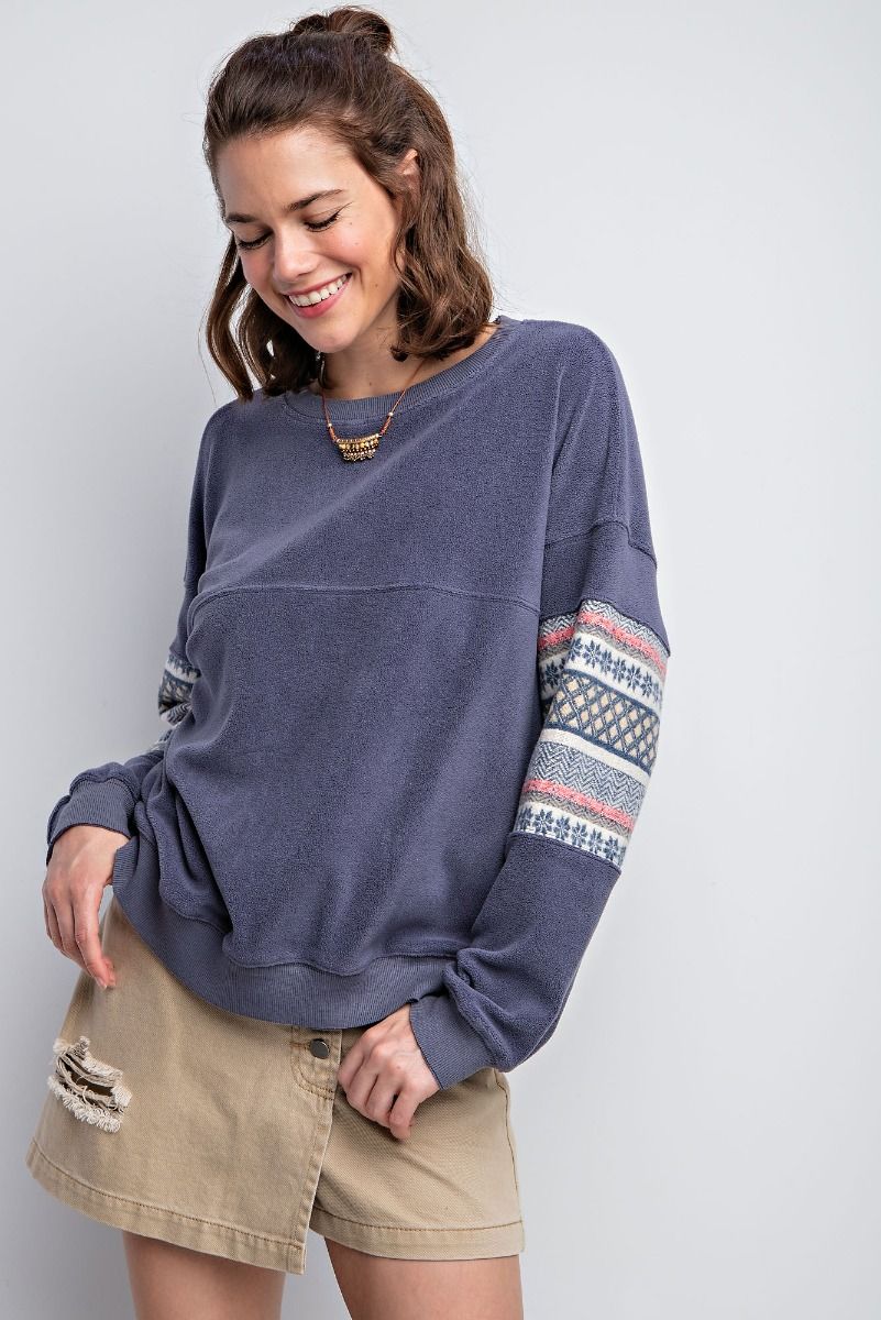Easel Ethnic Pattern Banded Edges Loose Fit Fleece Pullover - Roulhac Fashion Boutique