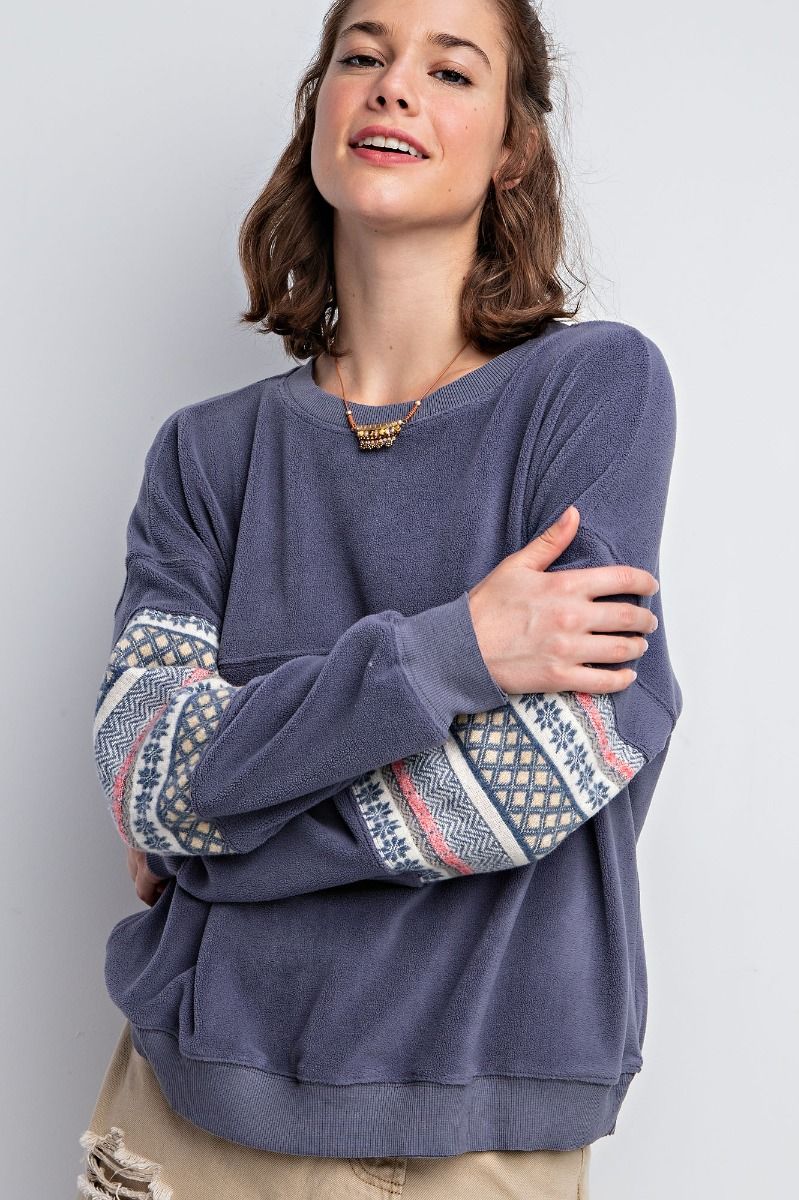 Easel Ethnic Pattern Banded Edges Loose Fit Fleece Pullover - Roulhac Fashion Boutique