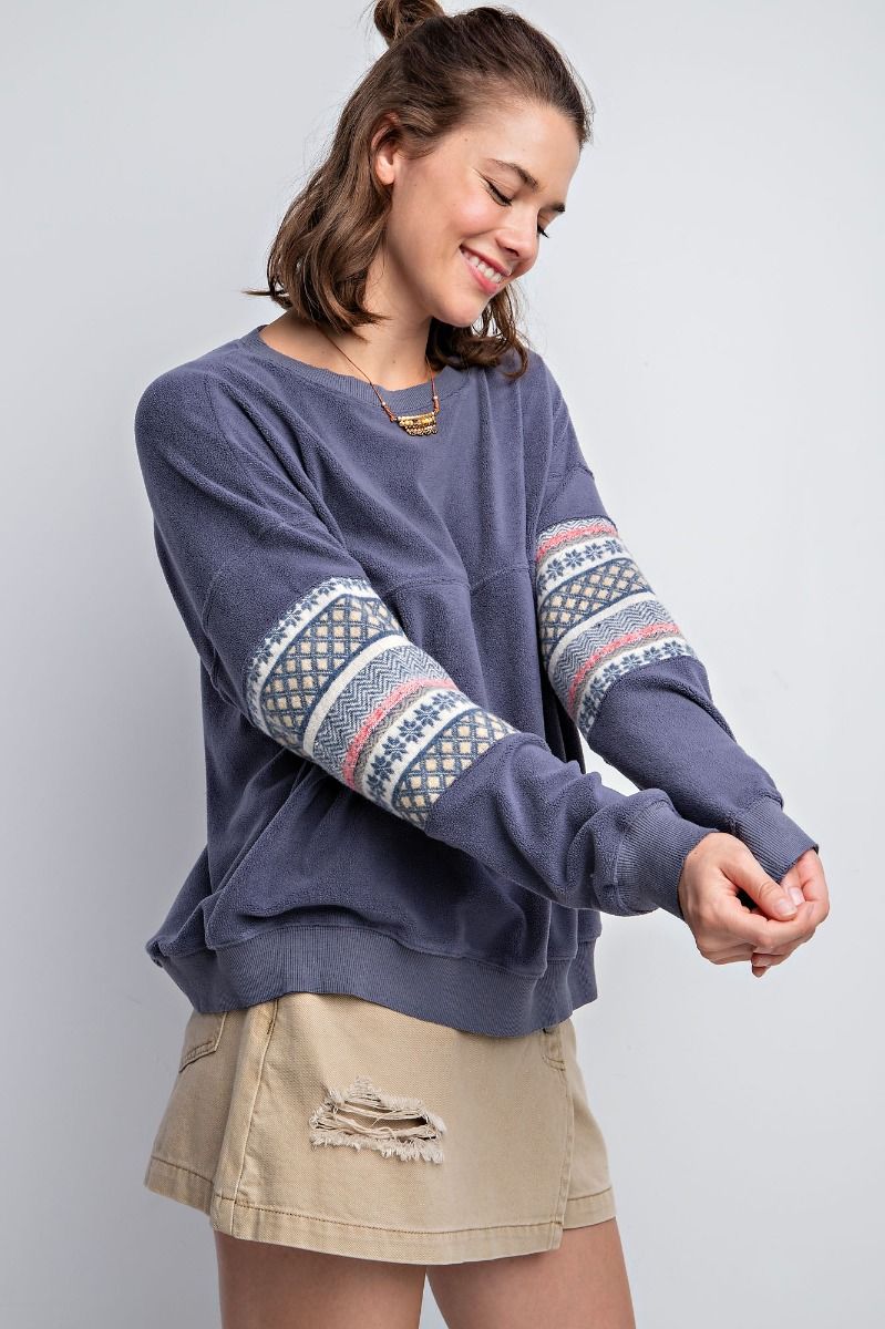Easel Ethnic Pattern Banded Edges Loose Fit Fleece Pullover - Roulhac Fashion Boutique