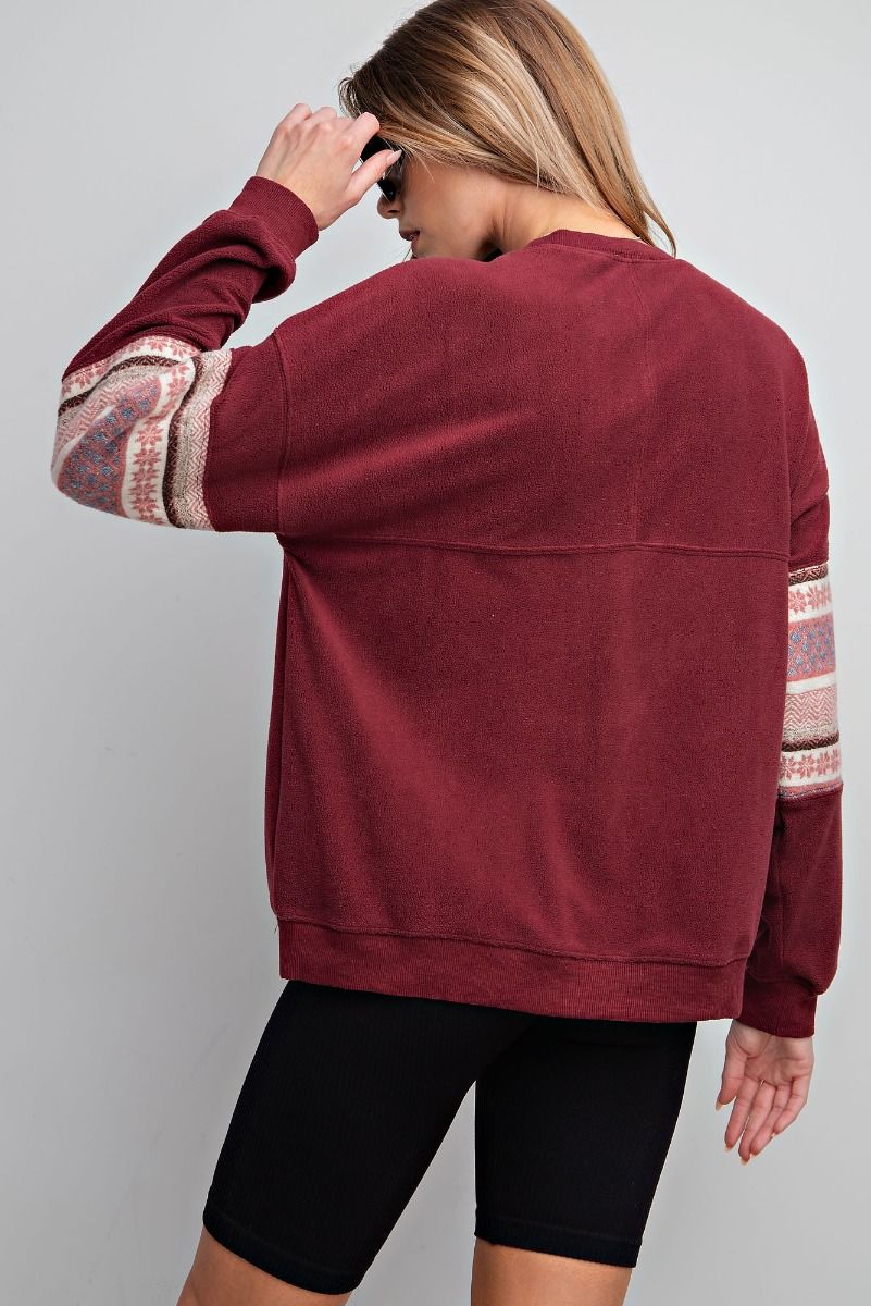 Easel Ethnic Pattern Banded Edges Loose Fit Fleece Pullover