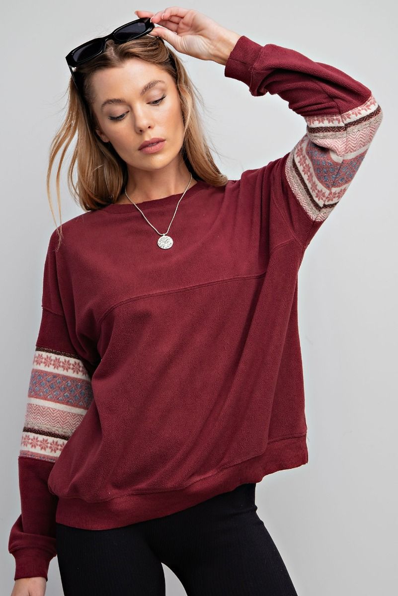 Easel Ethnic Pattern Banded Edges Loose Fit Fleece Pullover