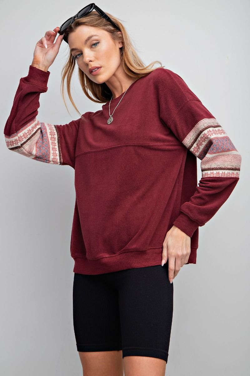 Easel Ethnic Pattern Banded Edges Loose Fit Fleece Pullover