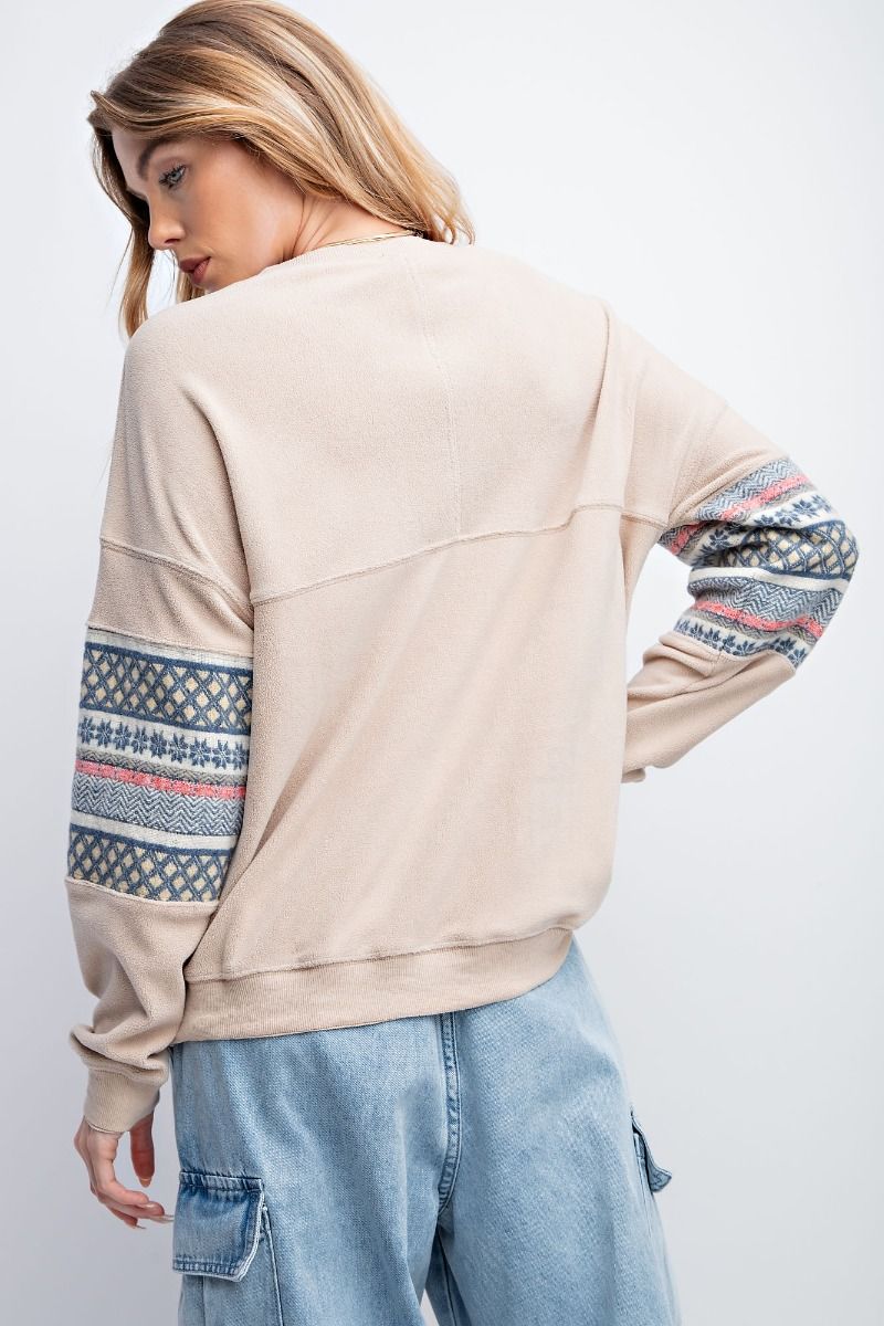 Easel Ethnic Pattern Banded Edges Loose Fit Fleece Pullover - Roulhac Fashion Boutique