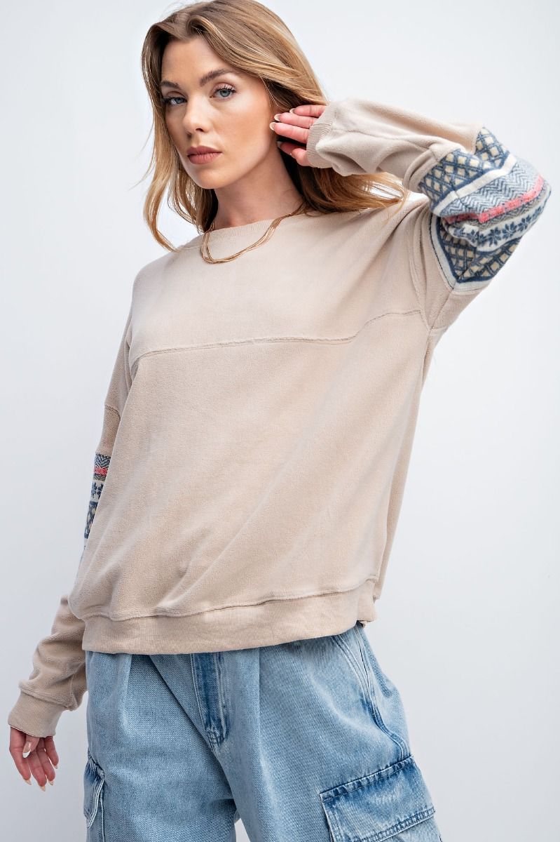 Easel Ethnic Pattern Banded Edges Loose Fit Fleece Pullover - Roulhac Fashion Boutique