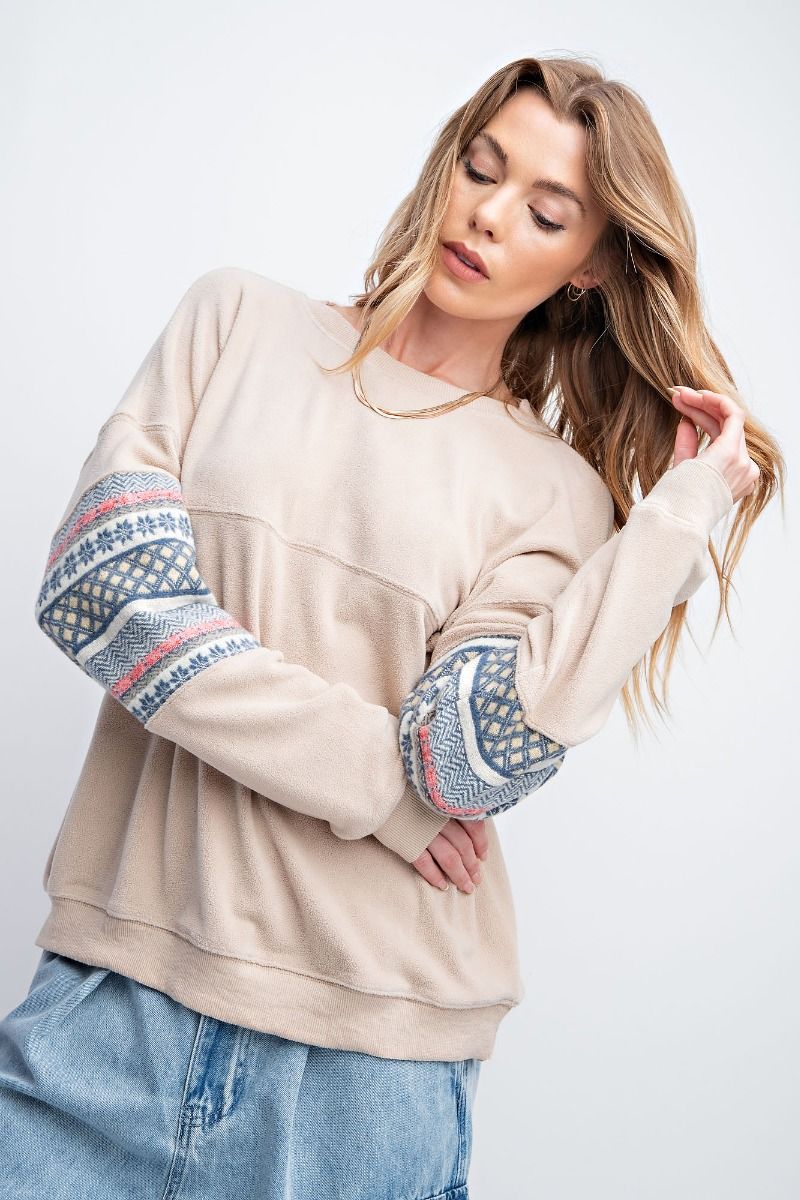 Easel Ethnic Pattern Banded Edges Loose Fit Fleece Pullover - Roulhac Fashion Boutique
