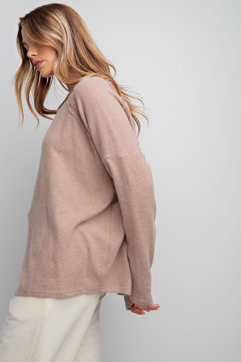 Easel Dropped Shoulders Brushed Hacci Rounded Neck Loose Fit Top - Roulhac Fashion Boutique