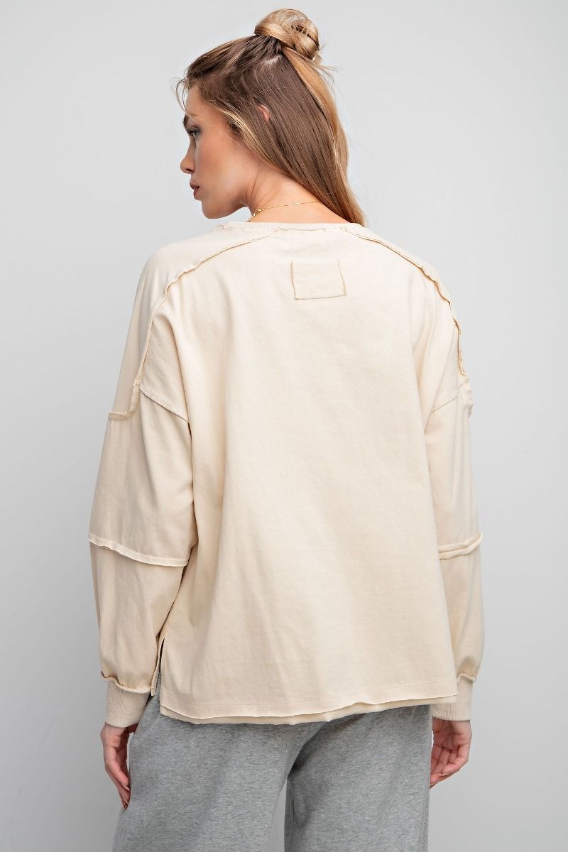 Easel Exposed Seaming Cotton Jersey Side Slits Banded Edges Boxy Top - Roulhac Fashion Boutique