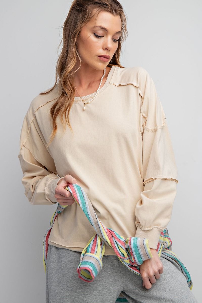Easel Exposed Seaming Cotton Jersey Side Slits Banded Edges Boxy Top - Roulhac Fashion Boutique